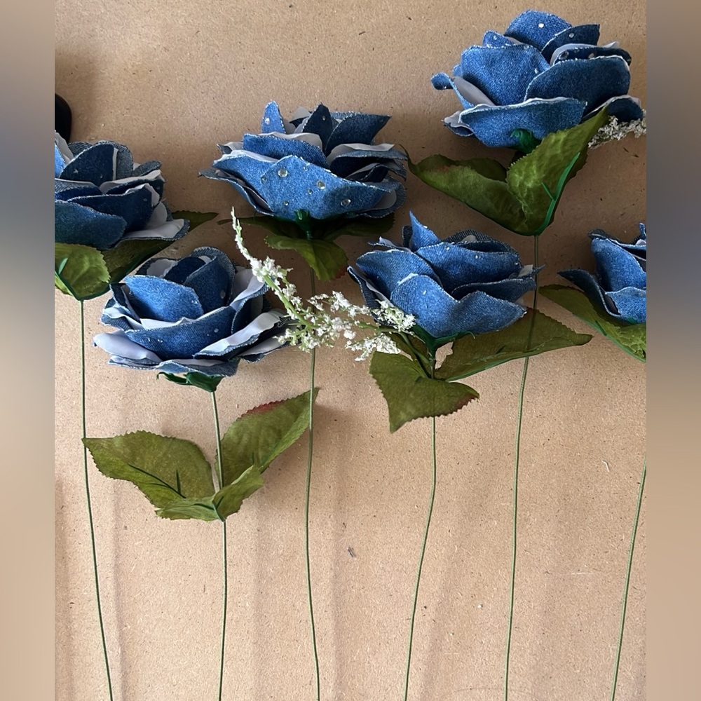 One dozen handcrafted Blue Denim Roses, in full bloom.